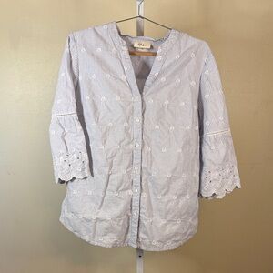 Style & Co Blue & White Striped Button Down Embroidered Bell Sleeve Shirt Large